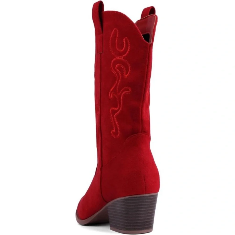 Women Red Suede Mid Calf Chunky Block Heel Western Embroidered Cowgirl Boot - Picture 4 of 8